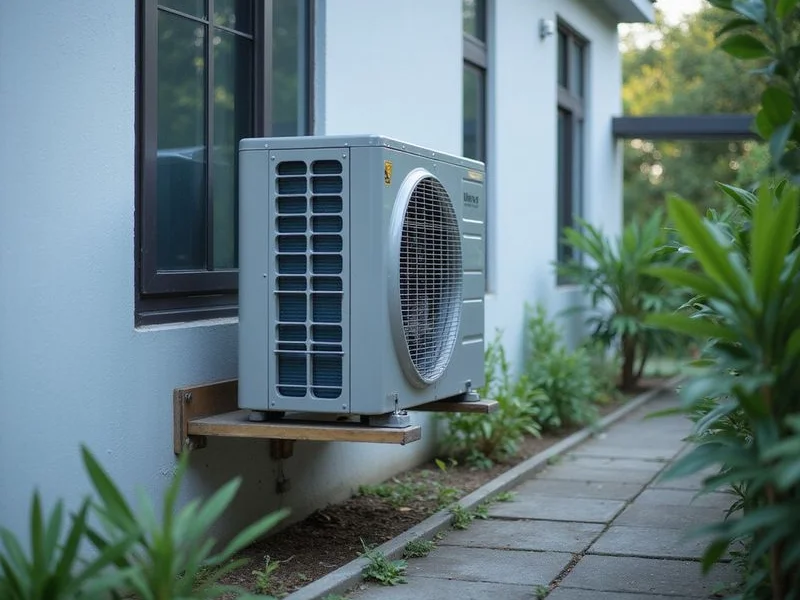 Outdoor condenser being installed on wall bracket