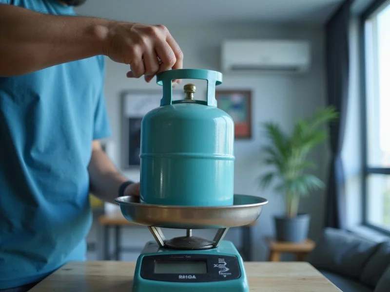 R410A refrigerant being weighed during top-up