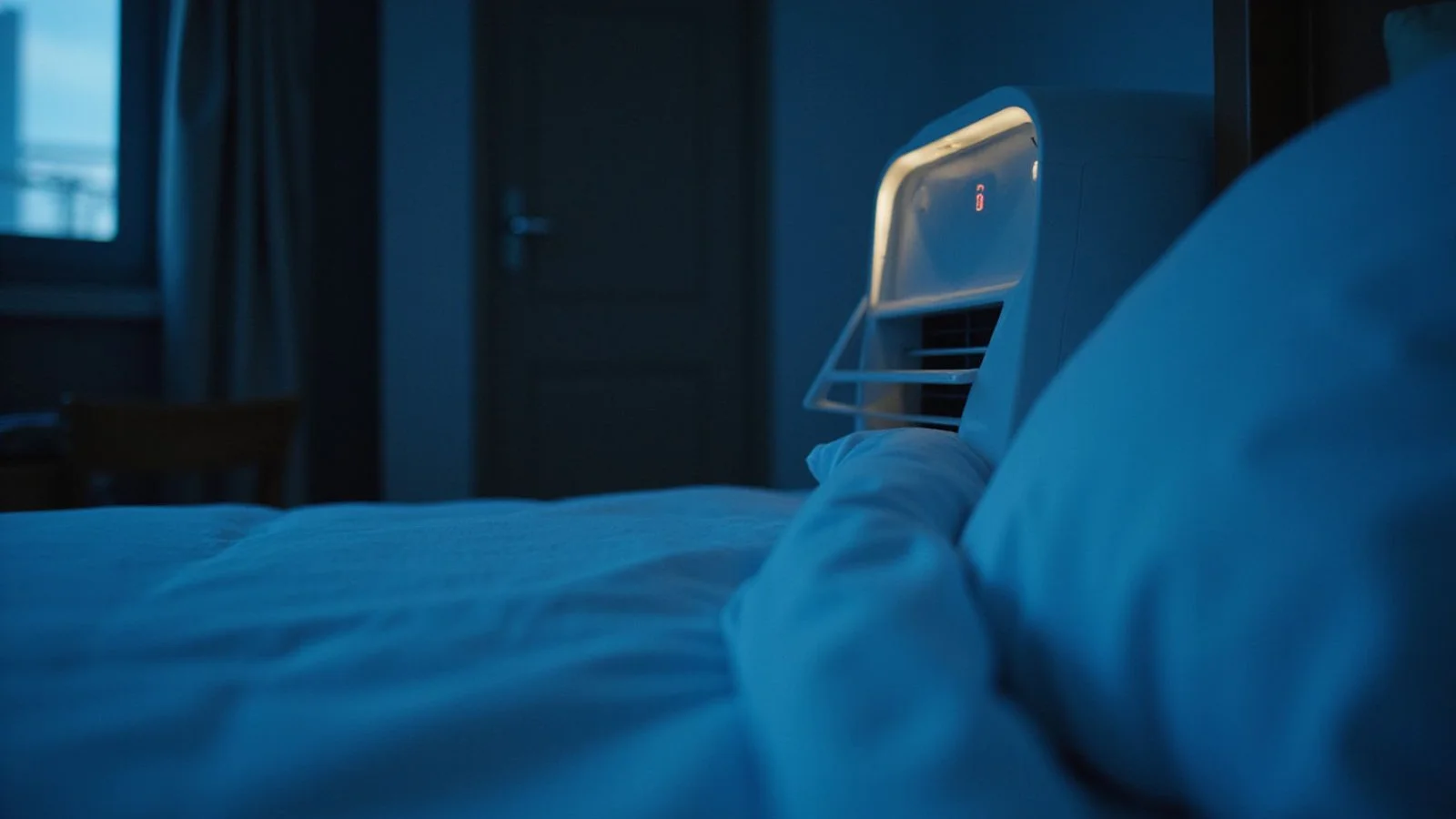 Close-up of an aircond indoor unit with a blinking LED indicator