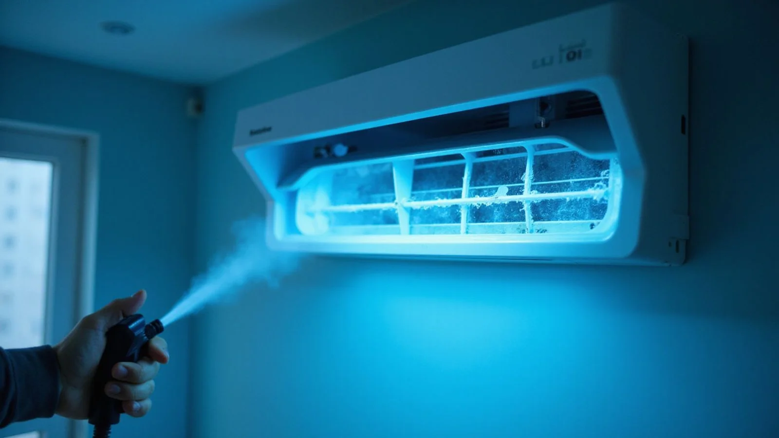 High-pressure spray cleaning an aircond evaporator coil