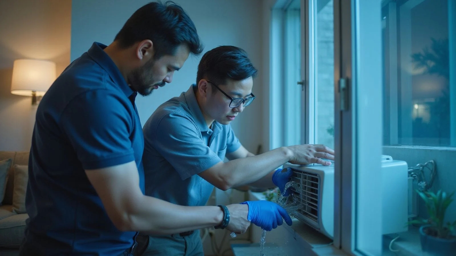 Homeowner rinsing aircond filter beside technician servicing the coil
