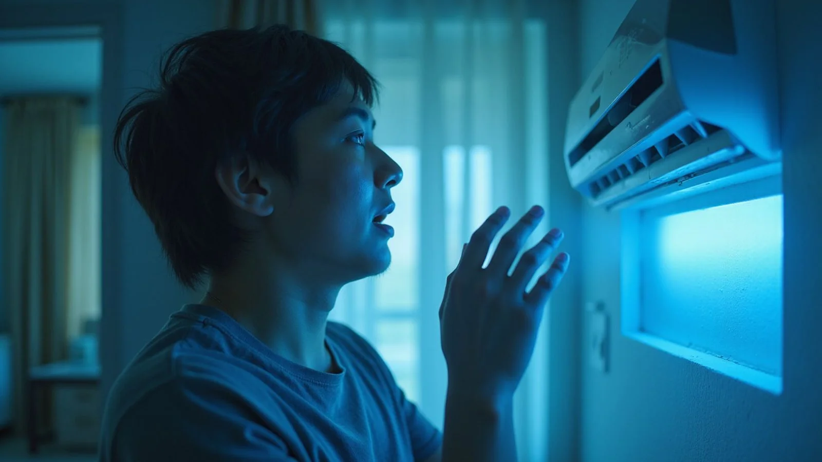 Person checking weak airflow from a wall aircond
