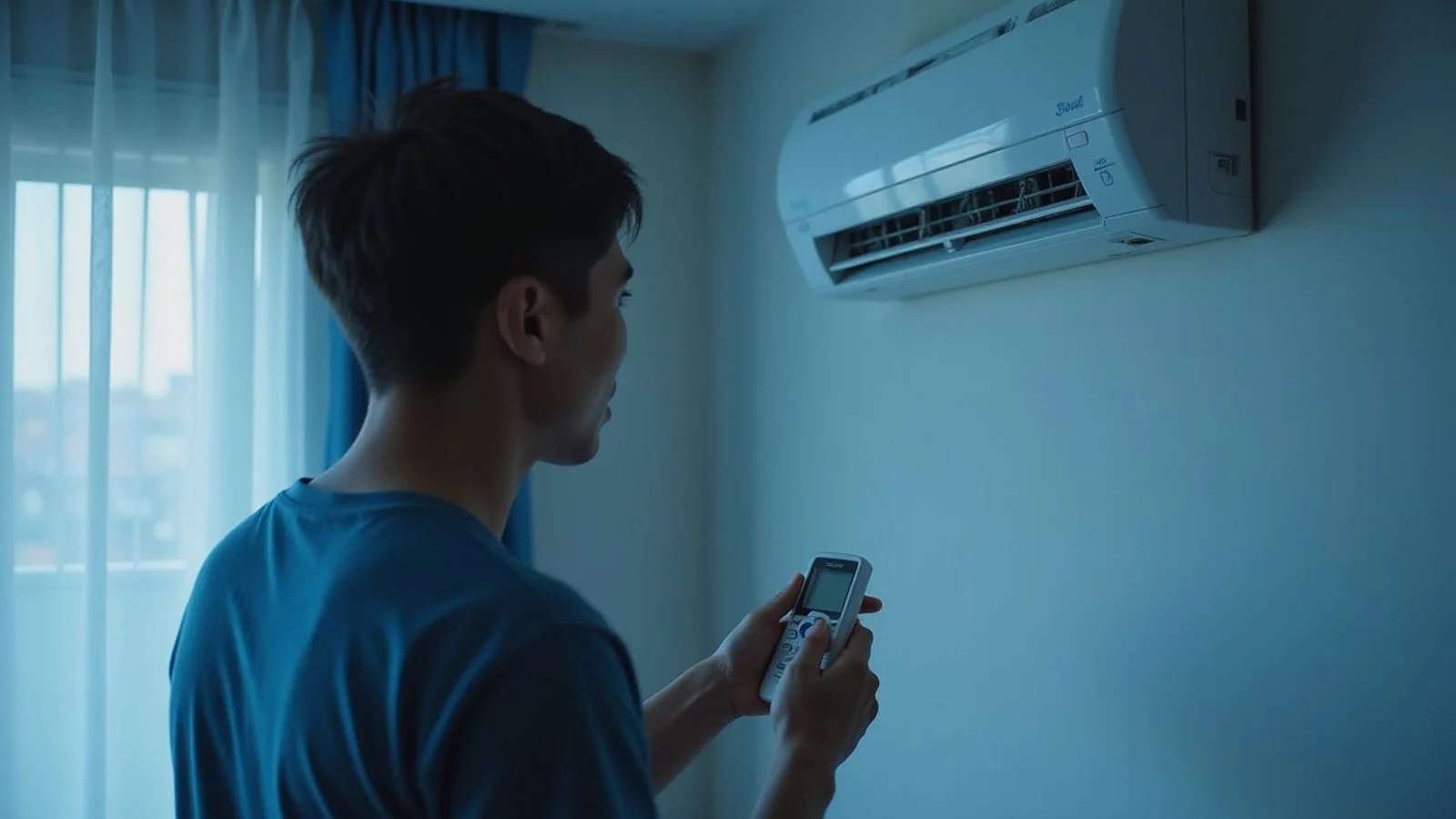 Frustrated person with an aircond blowing warm air