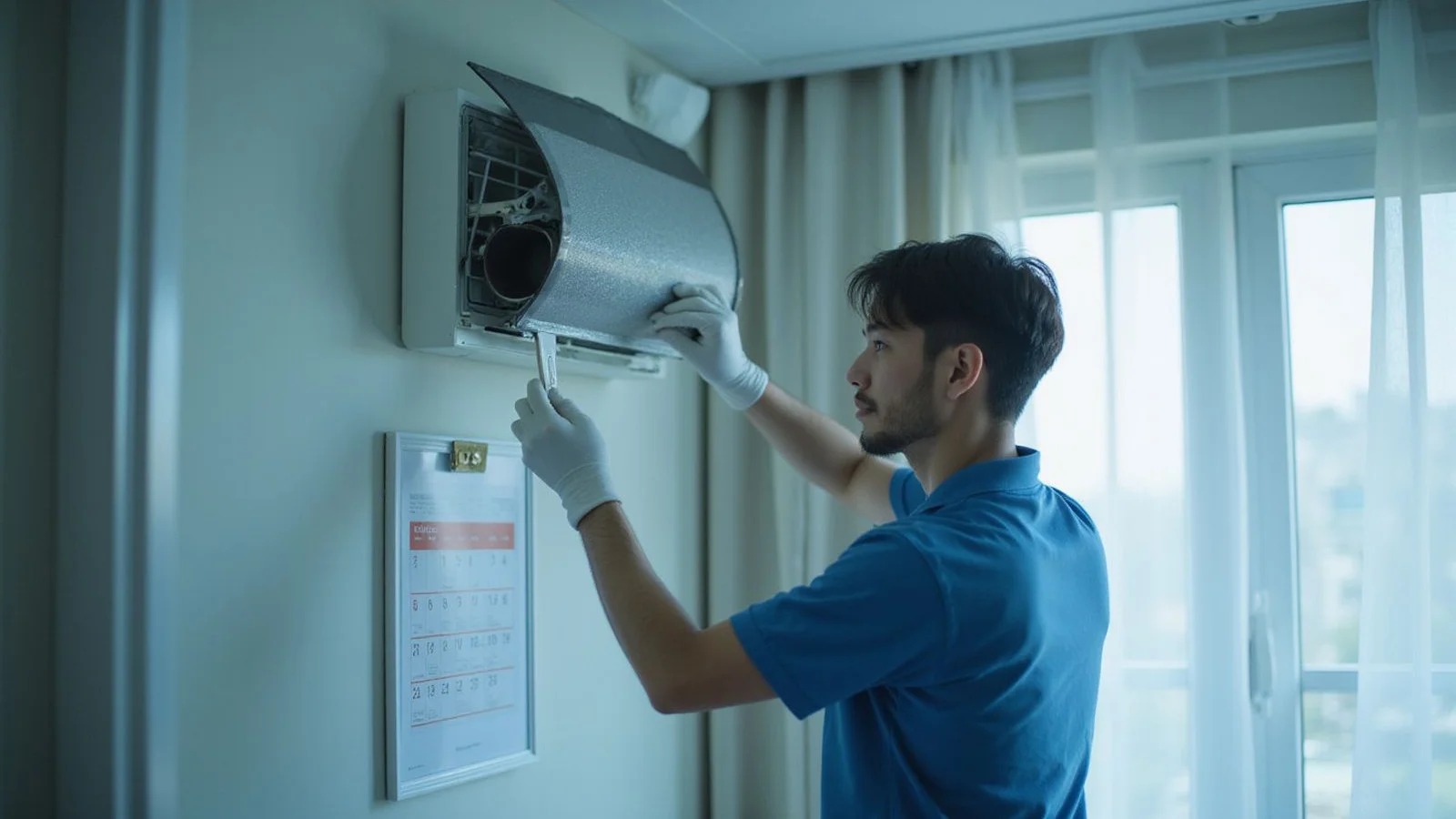 Technician cleaning an aircond filter with a wall calendar visible