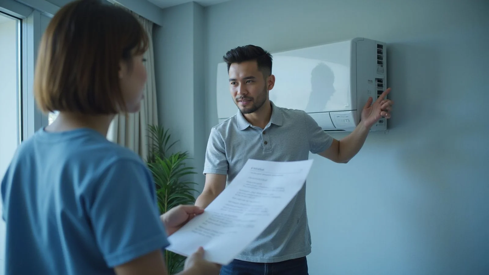 Technician explaining a written quote to a homeowner
