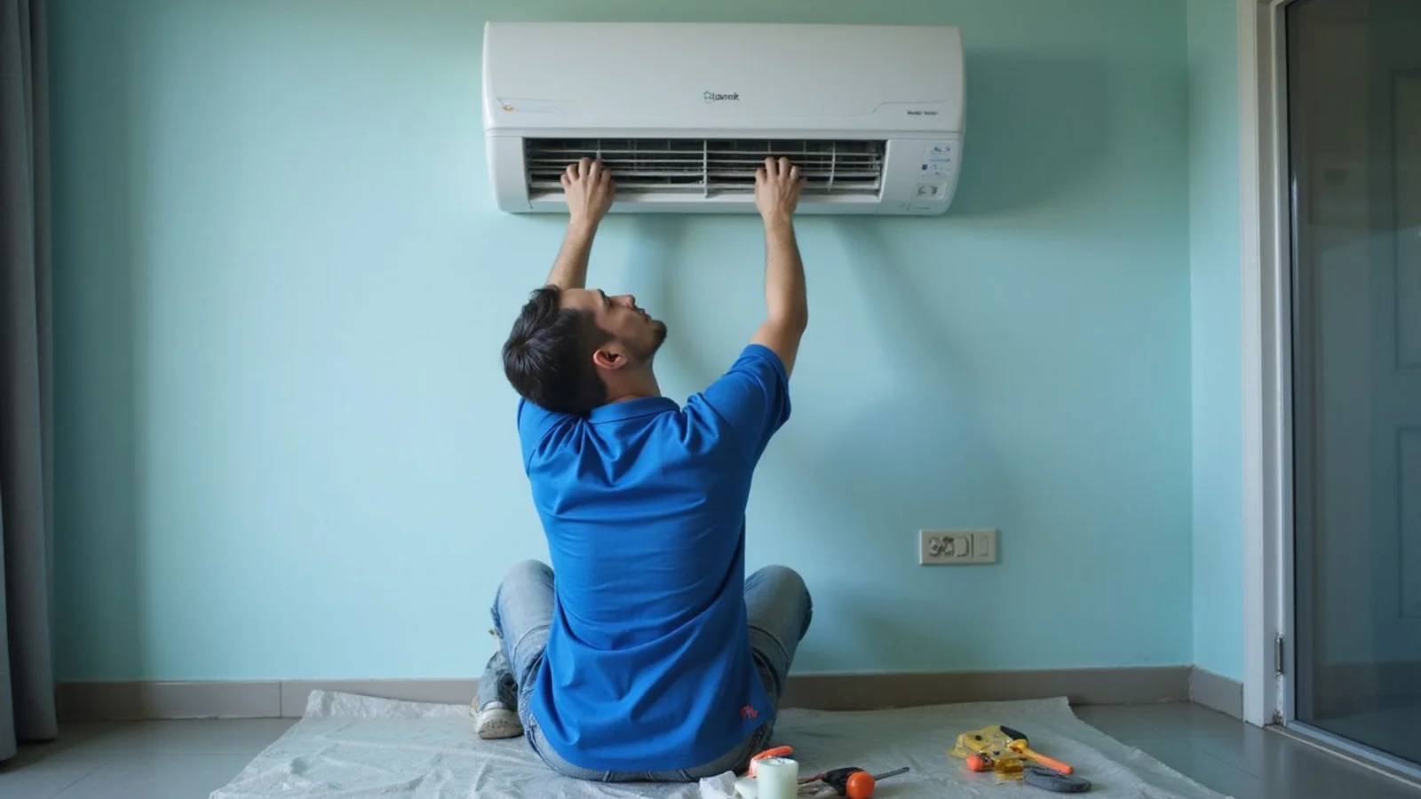 Technician installing a wall aircond with protective sheets
