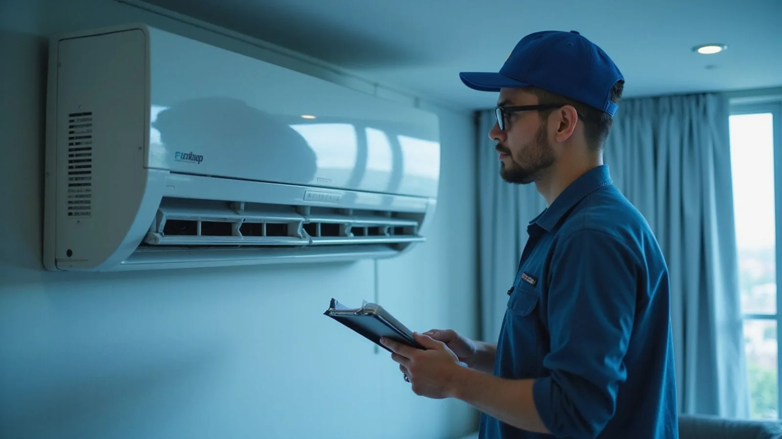Technician servicing multiple aircond units in a KL condo