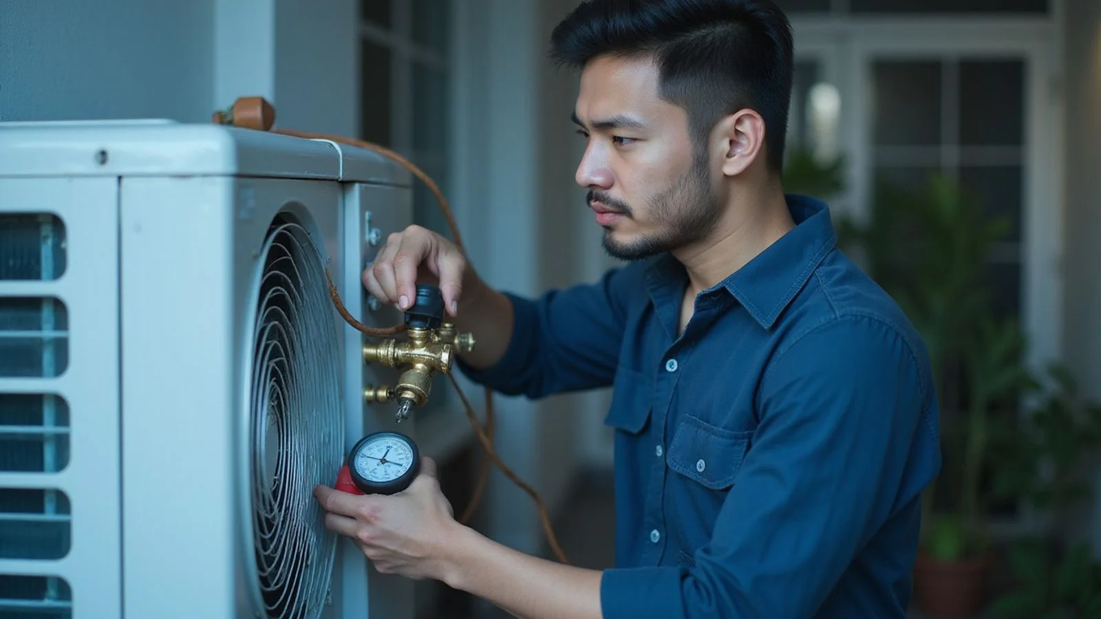 Technician using a manifold gauge and multimeter on an aircond