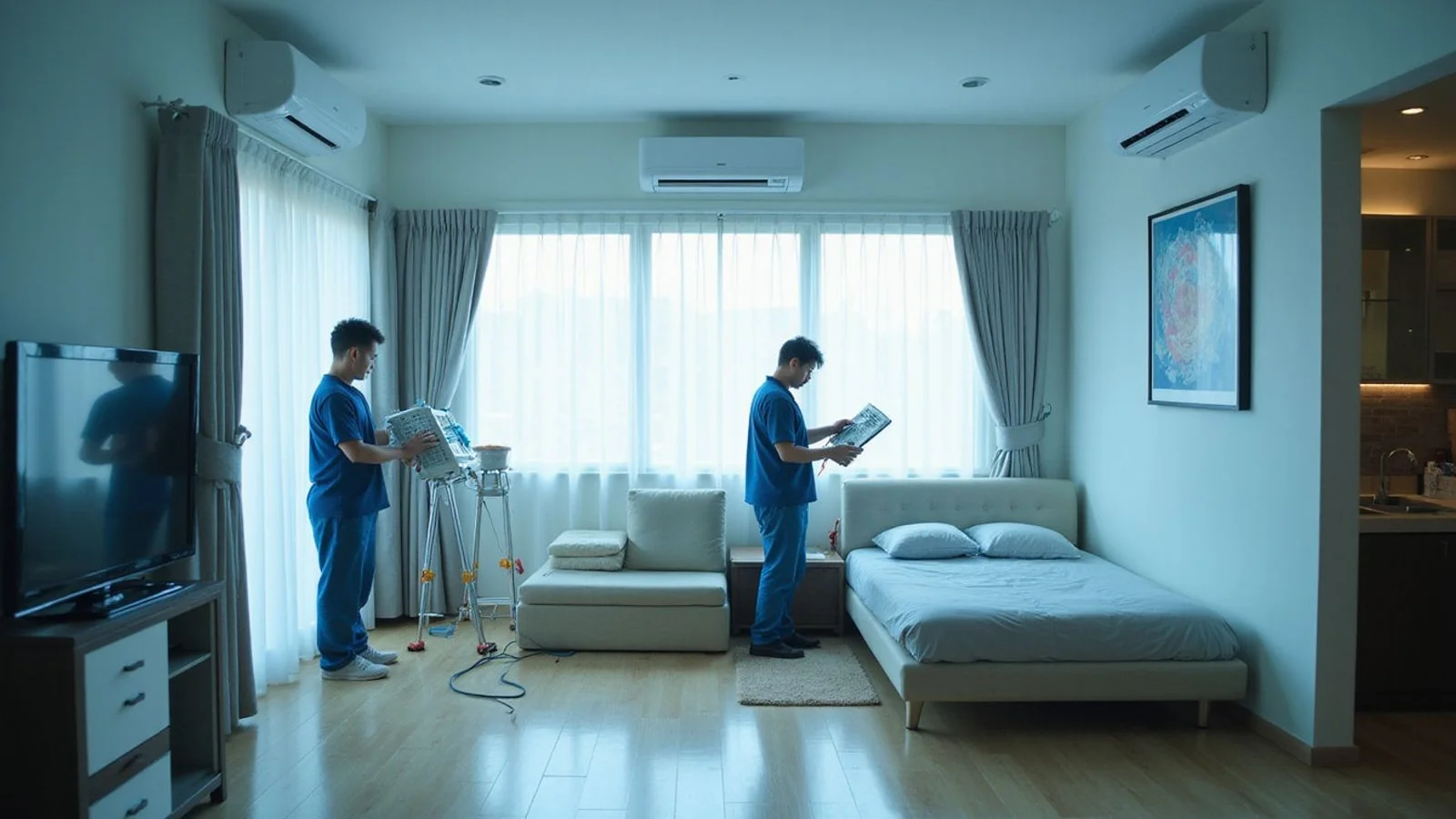 Three aircond indoor units in different cleaning states being serviced in a KL home